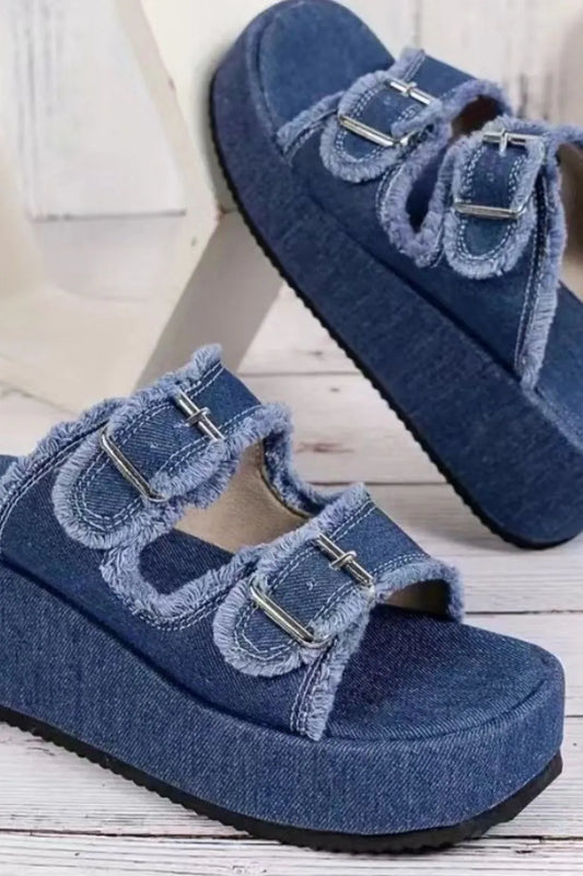 Raw Hem Wedge Buckle Sandals — Livostyle