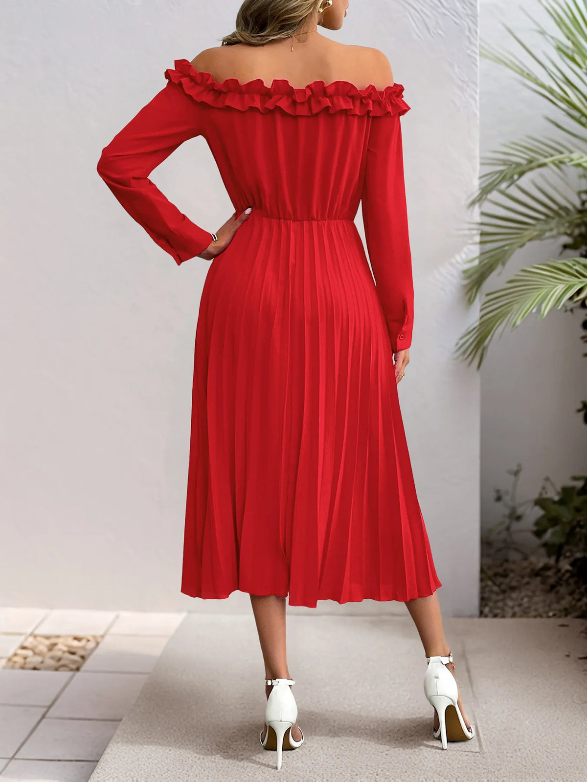Off-Shoulder Ruffle Pleated Midi Dress – photo 4