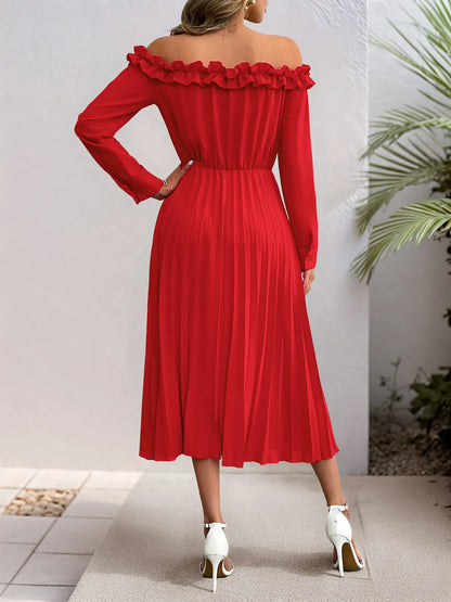 Off-Shoulder Ruffle Pleated Midi Dress – photo 4