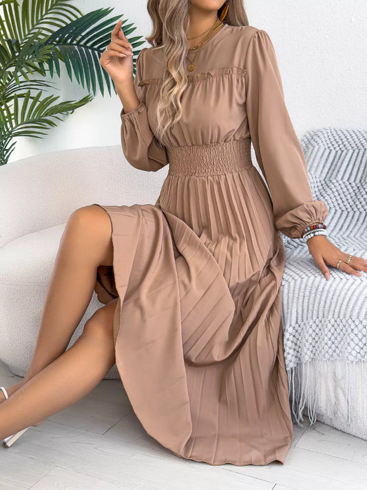 Smocked Pleated Long Sleeve Midi Dress with Buttons in Khaki