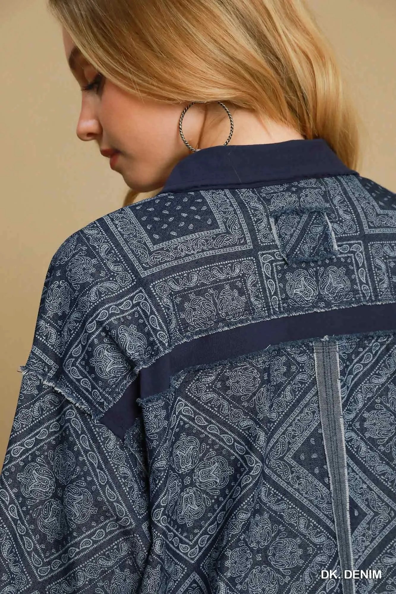 Paisley Print Denim Shirt Jacket closeup — Livostyle
