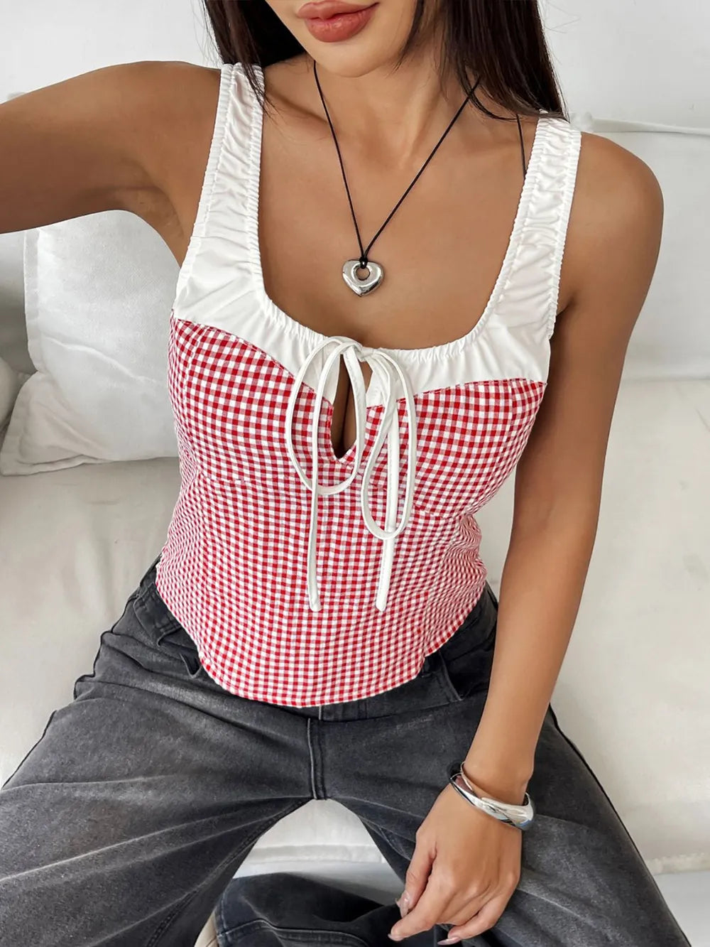 Contrast Plaid Square Neck Tank styling — Livostyle