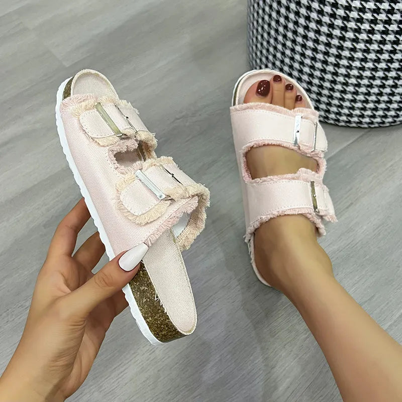 Raw Hem Open Toe Double Buckle Sandals back view — Livostyle