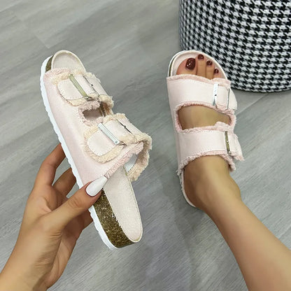 Raw Hem Open Toe Double Buckle Sandals back view — Livostyle