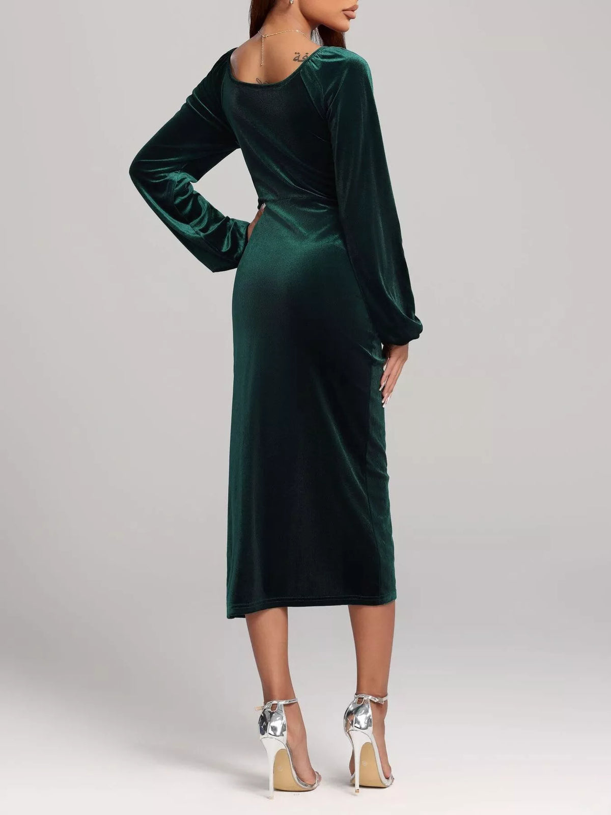 Velvet Long Sleeve Ruched Slit Midi Dress – photo 4