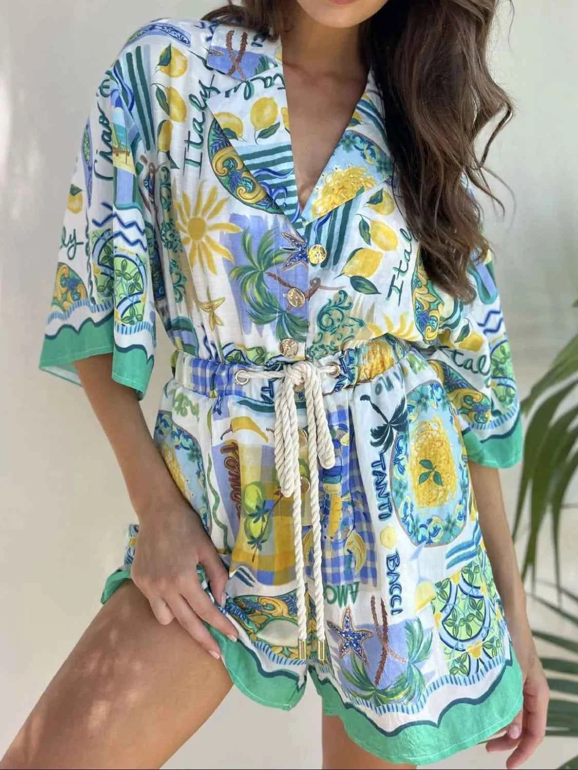 Printed Collared Neck Half Sleeve Romper