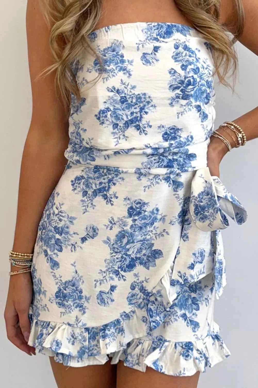 Printed Strapless Ruffle Hem Wrap Romper
