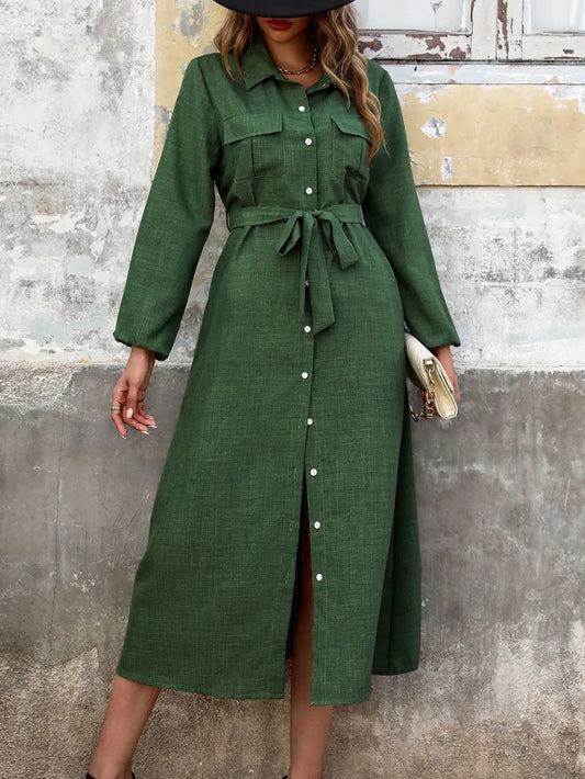 Collared Long Sleeve Midi Shirt Dress with Pockets in Black Forest