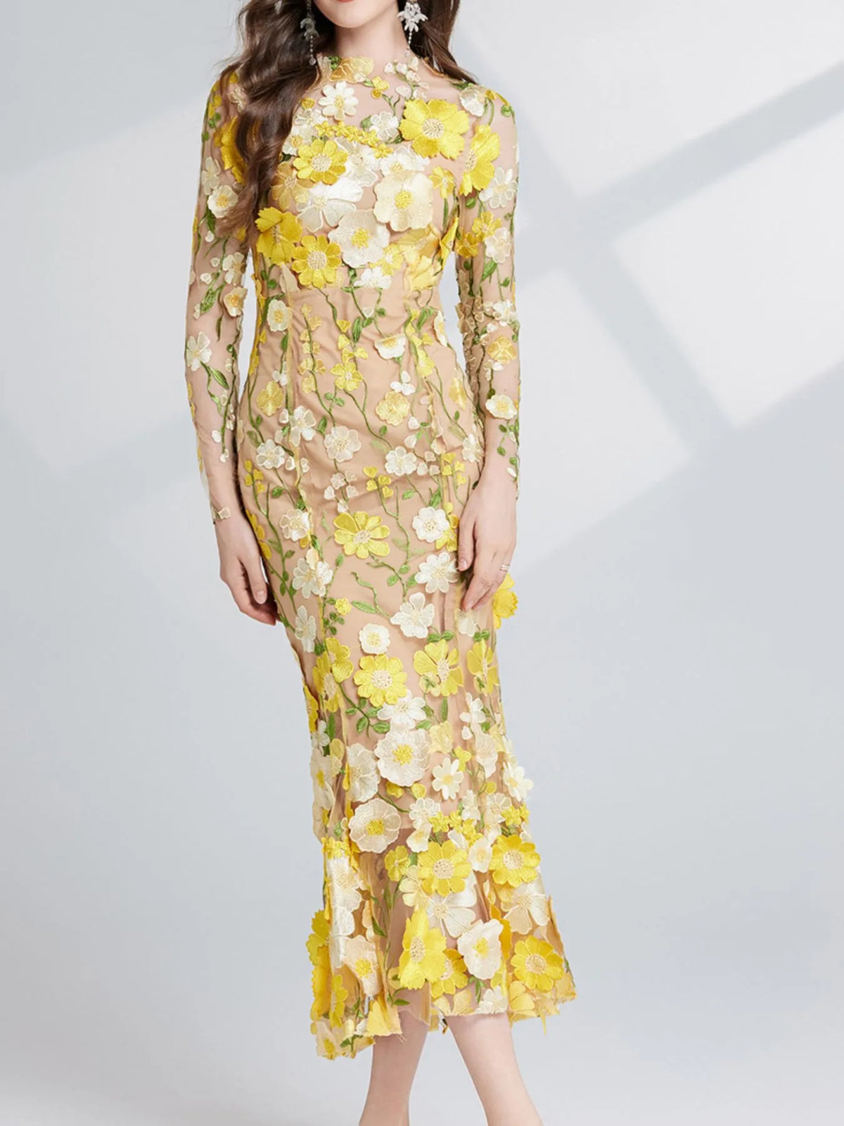 Floral Embroidered Mesh Long Sleeve Tiered Midi Dress – photo 15