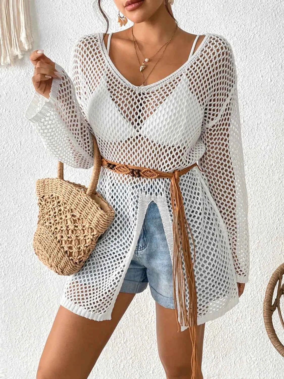 Openwork V-Neck Slit Cover-Up