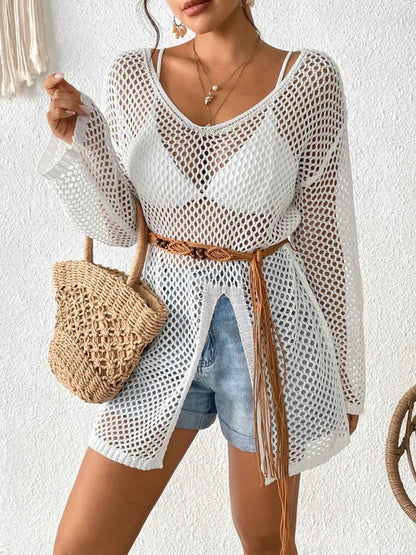 Openwork V-Neck Slit Cover-Up — Livostyle