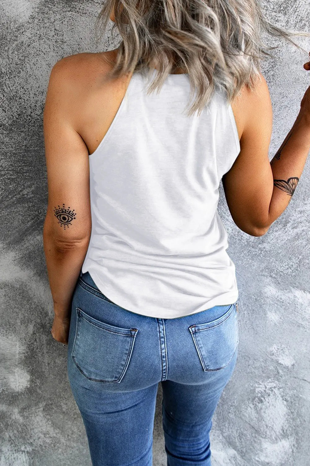 Sequin US Flag Star Grecian Neck Tank back view — Livostyle