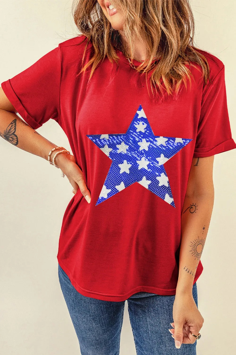 Sequin Star Round Neck Short Sleeve T-Shirt back view — Livostyle