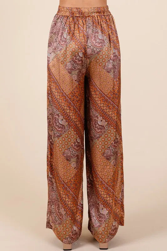 Paisley Patchwork Print Satin Wide Leg Pants back view — Livostyle