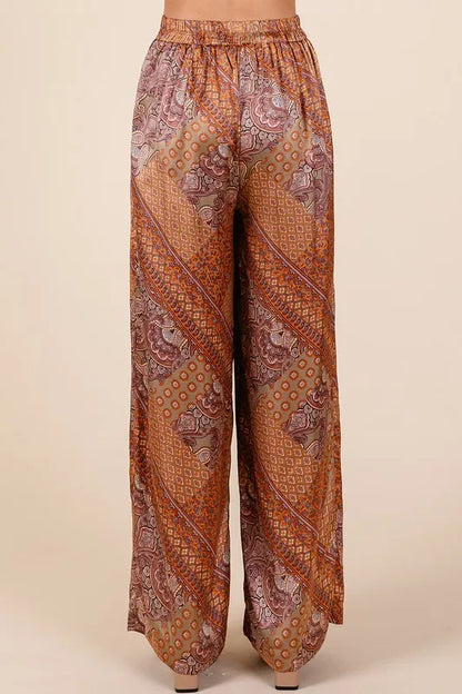 Paisley Patchwork Print Satin Wide Leg Pants back view — Livostyle