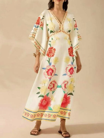 Palm Print V-Neck Midi Dress in Strawberry
