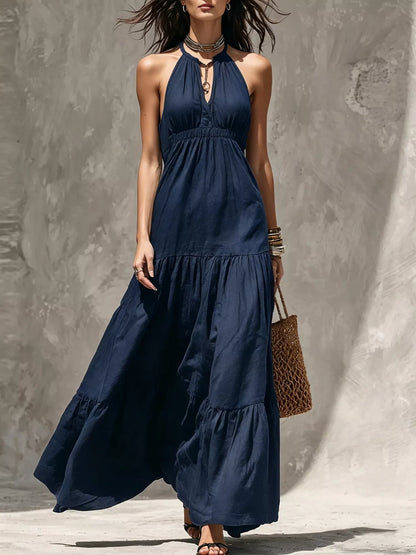Sleeveless Tiered Smocked Maxi Dress in Navy Blue