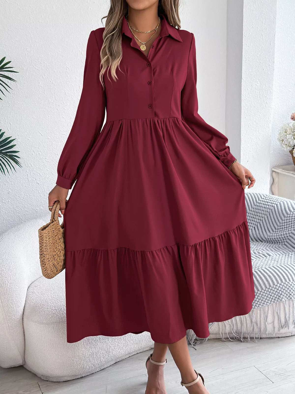 Long Sleeve Tiered Button-Front Midi Dress in Burgundy