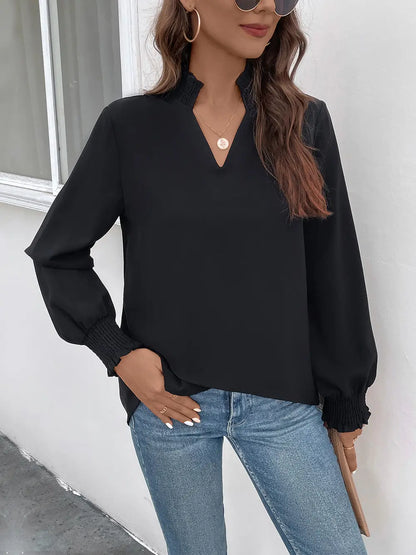 Smocked Notched Long Sleeve Blouse — Livostyle