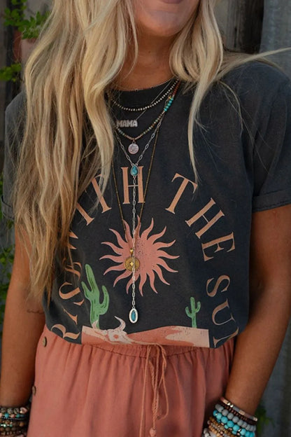 RISE WITH THE SUN Graphic Round Neck Short Sleeve T-Shirt styling — Livostyle