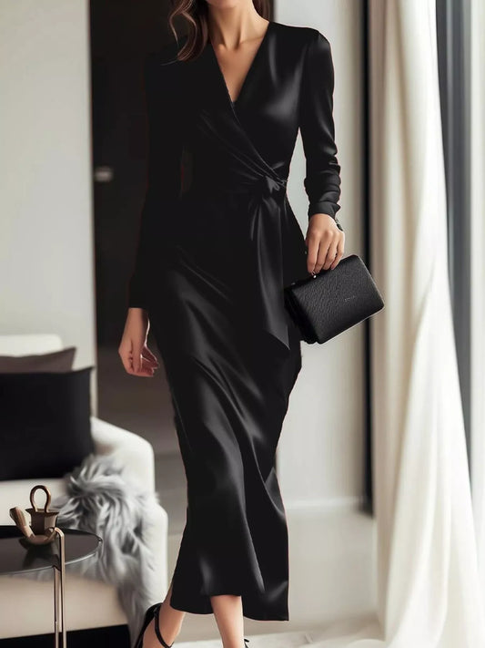 Long Sleeve Satin Wrap Dress