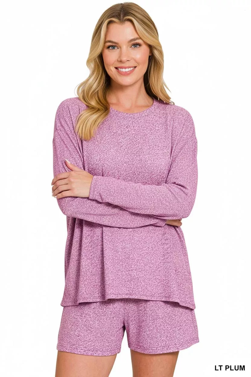 Soft Melange Long Sleeve Tee and Shorts Set in Lt Plum — Livostyle