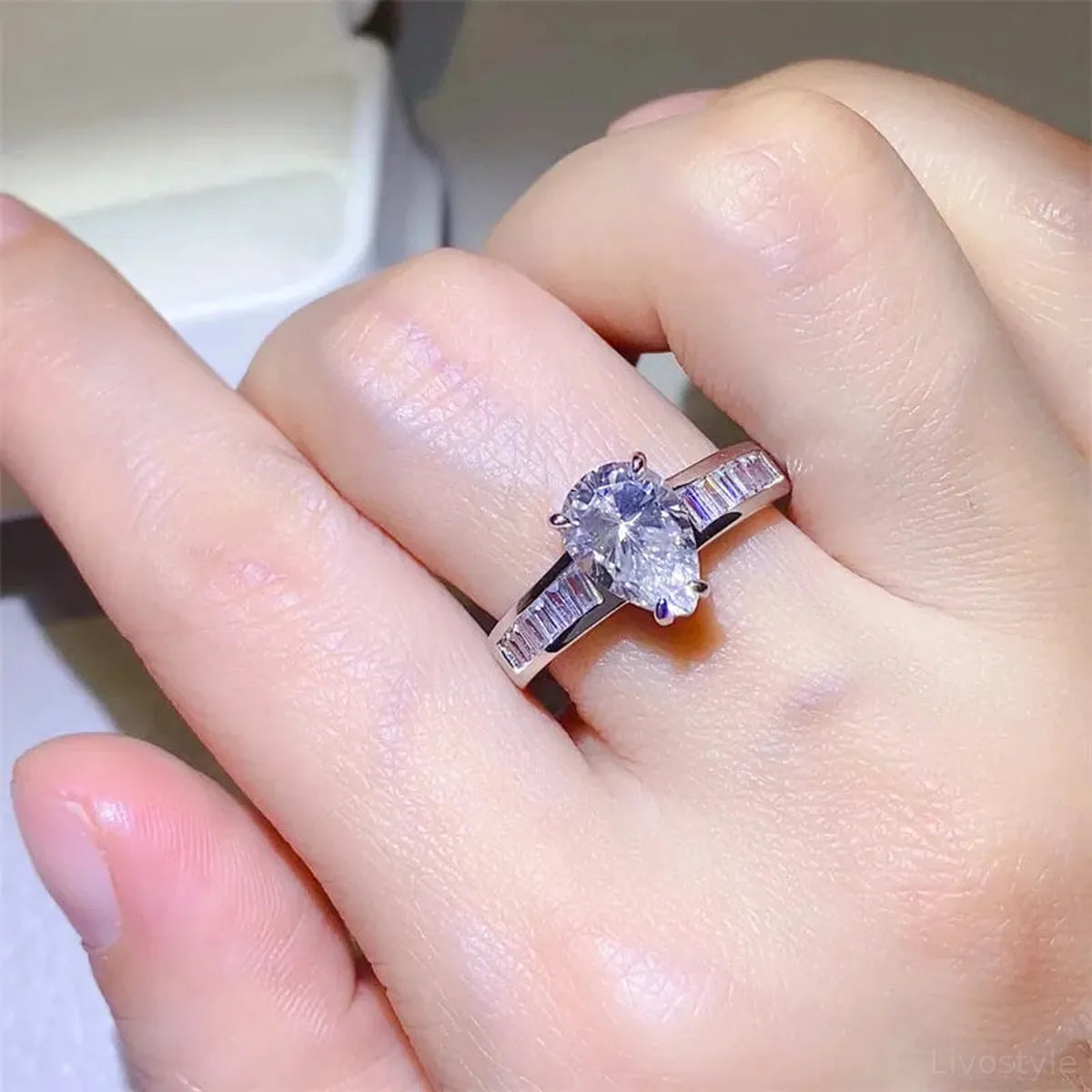 3 Carat Moissanite 925 Sterling Silver Ring — Pear-Shape Min — square view — Livostyle