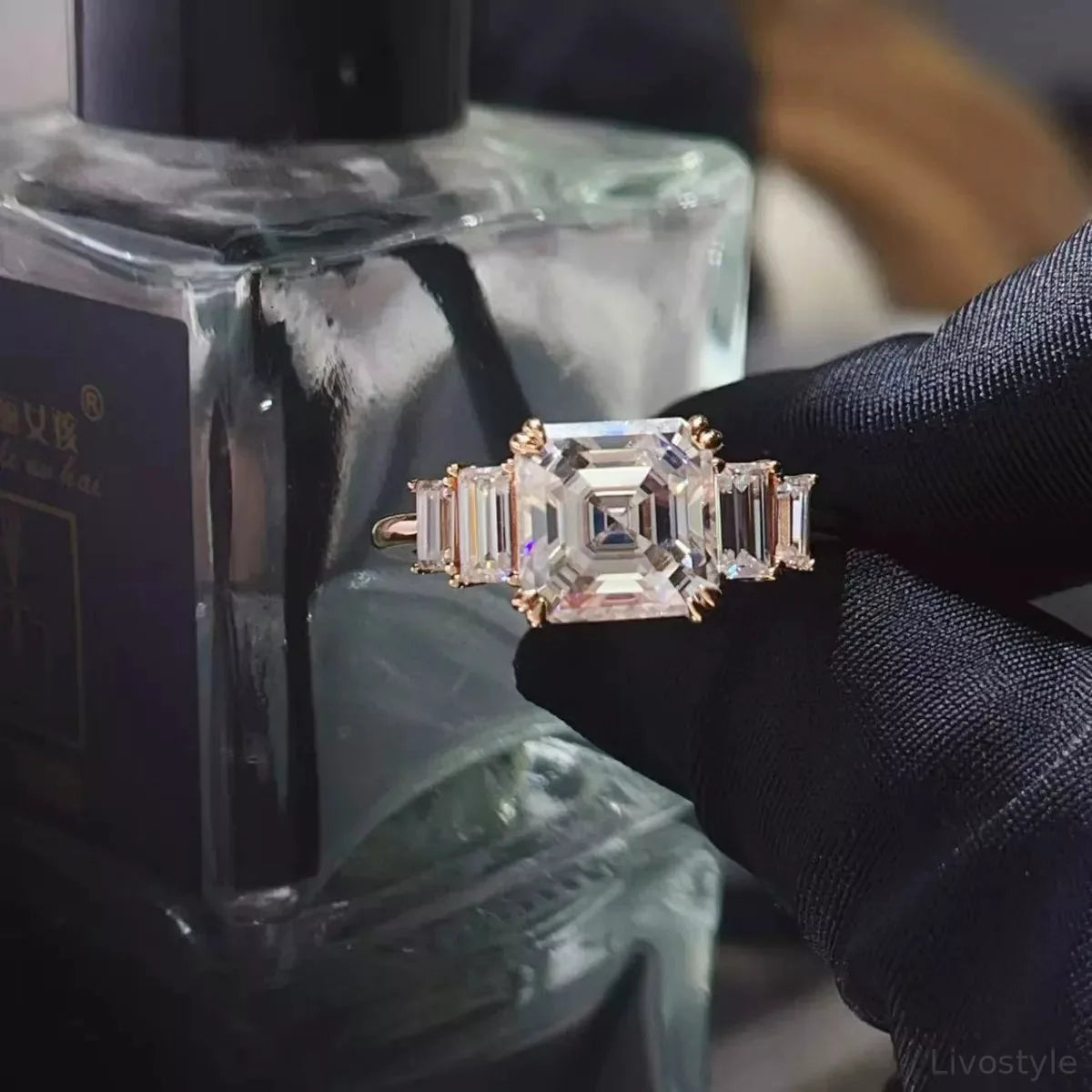 3 Carat Moissanite 925 Sterling Silver Ring — Asscher-Cut Go — square view — Livostyle