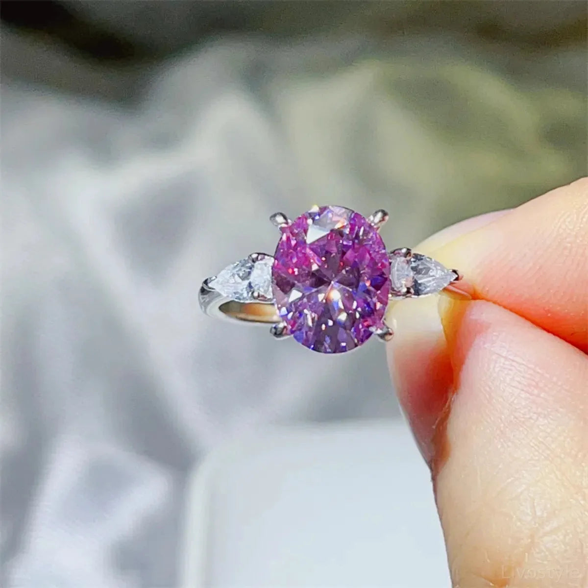 3 Carat Moissanite 925 Sterling Silver Ring — Oval-Cut Purpl — square view — Livostyle