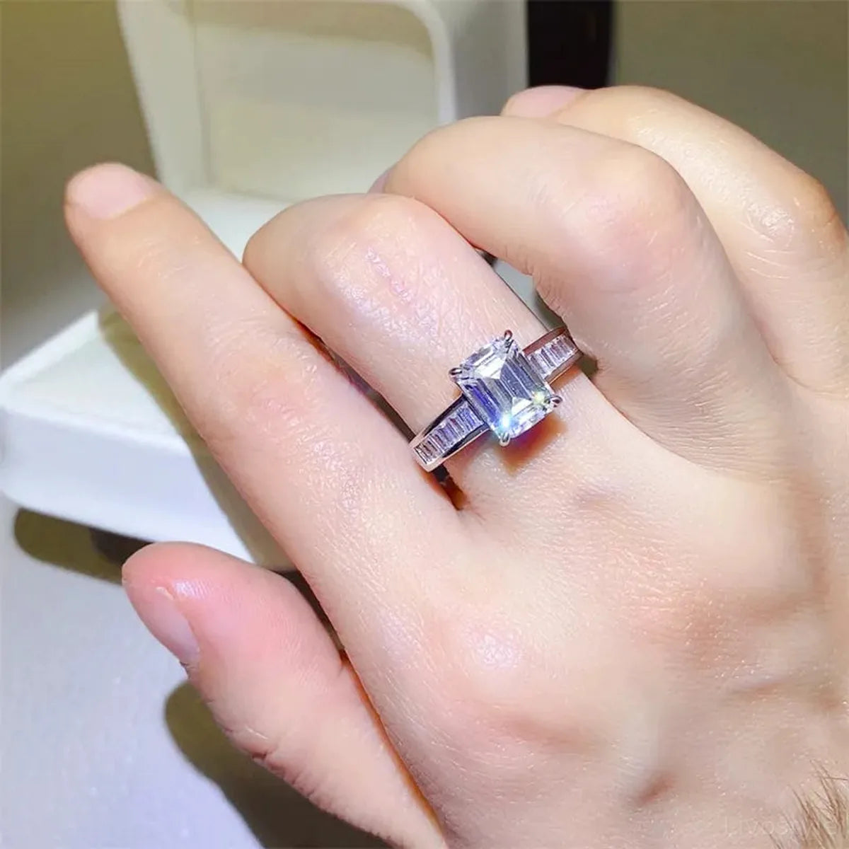 3 Carat Moissanite 925 Sterling Silver Ring — Emerald-Cut Pa — square view — Livostyle