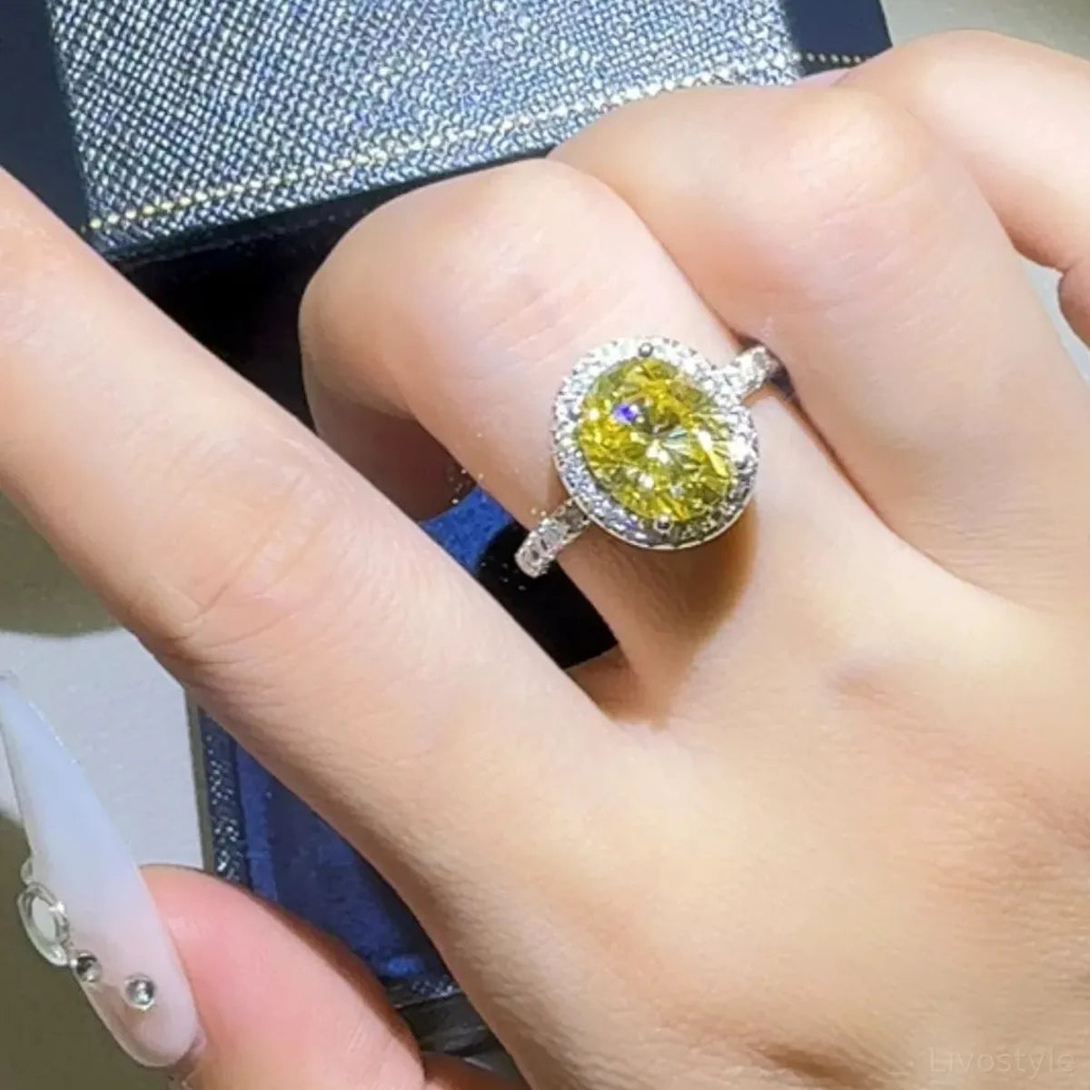 3 Carat Moissanite 925 Sterling Silver Ring — Oval-Cut Yello — square view — Livostyle