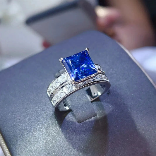 3 Carat Moissanite 925 Sterling Silver Ring — Square Blue Sa — square view — Livostyle
