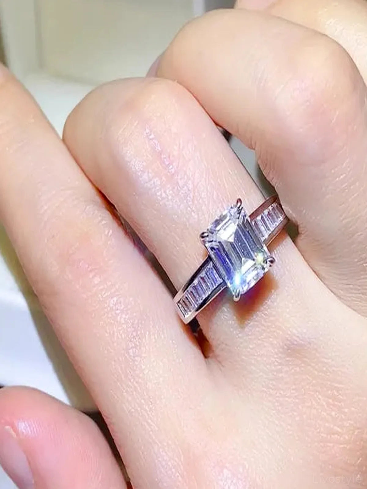 3 Carat Moissanite 925 Sterling Silver Ring — Emerald-Cut Pa — detail view — Livostyle