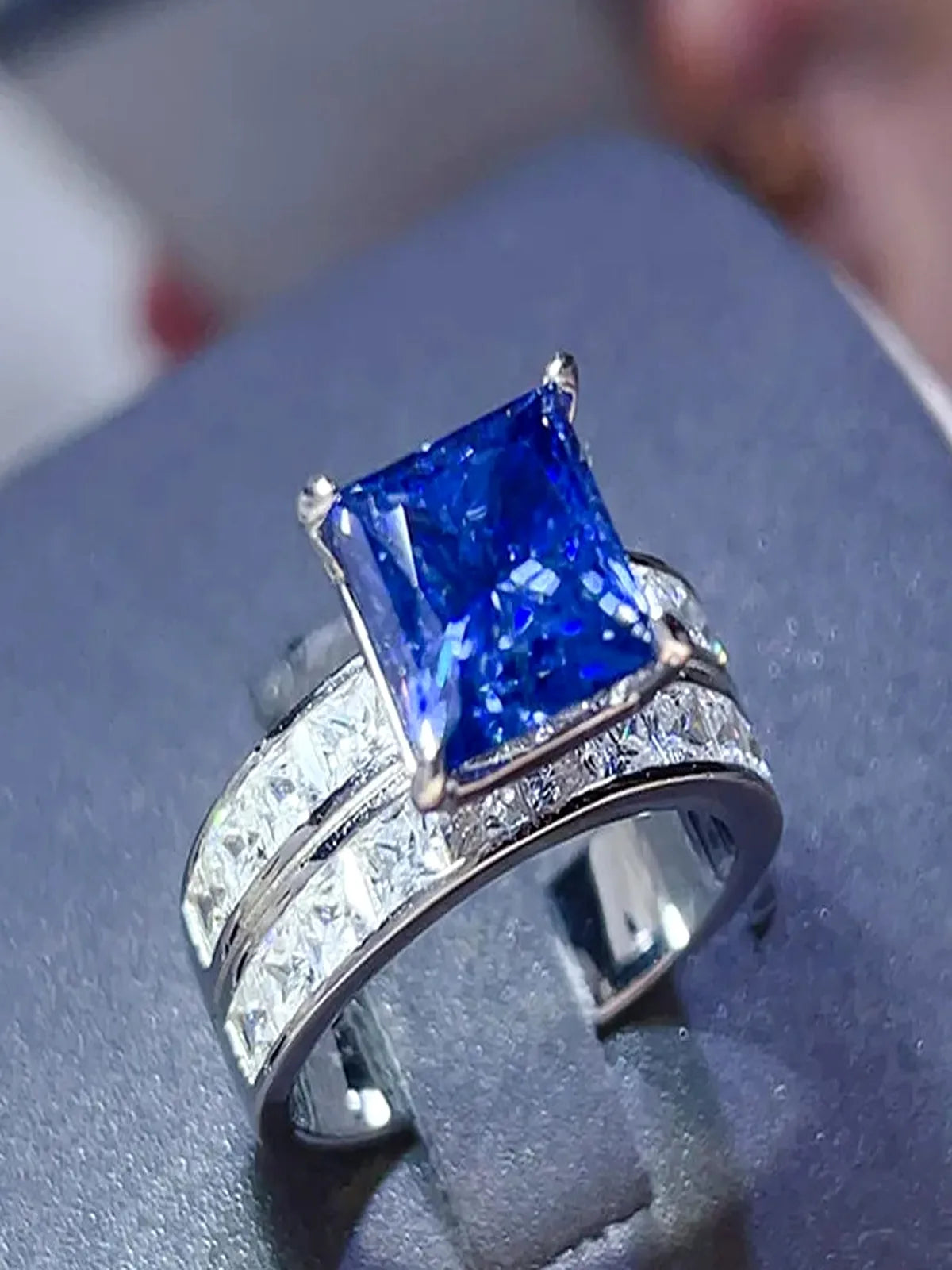 3 Carat Moissanite 925 Sterling Silver Ring — Square Blue Sa — detail view — Livostyle