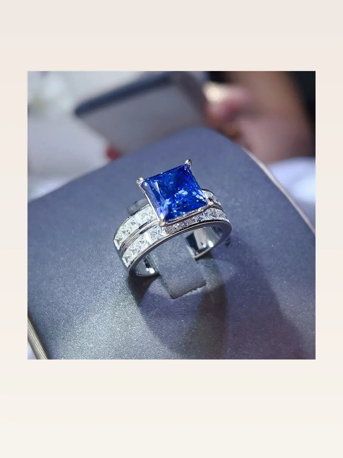 3 Carat Moissanite 925 Sterling Silver Ring — Square Blue Sa — styled showcase — Livostyle