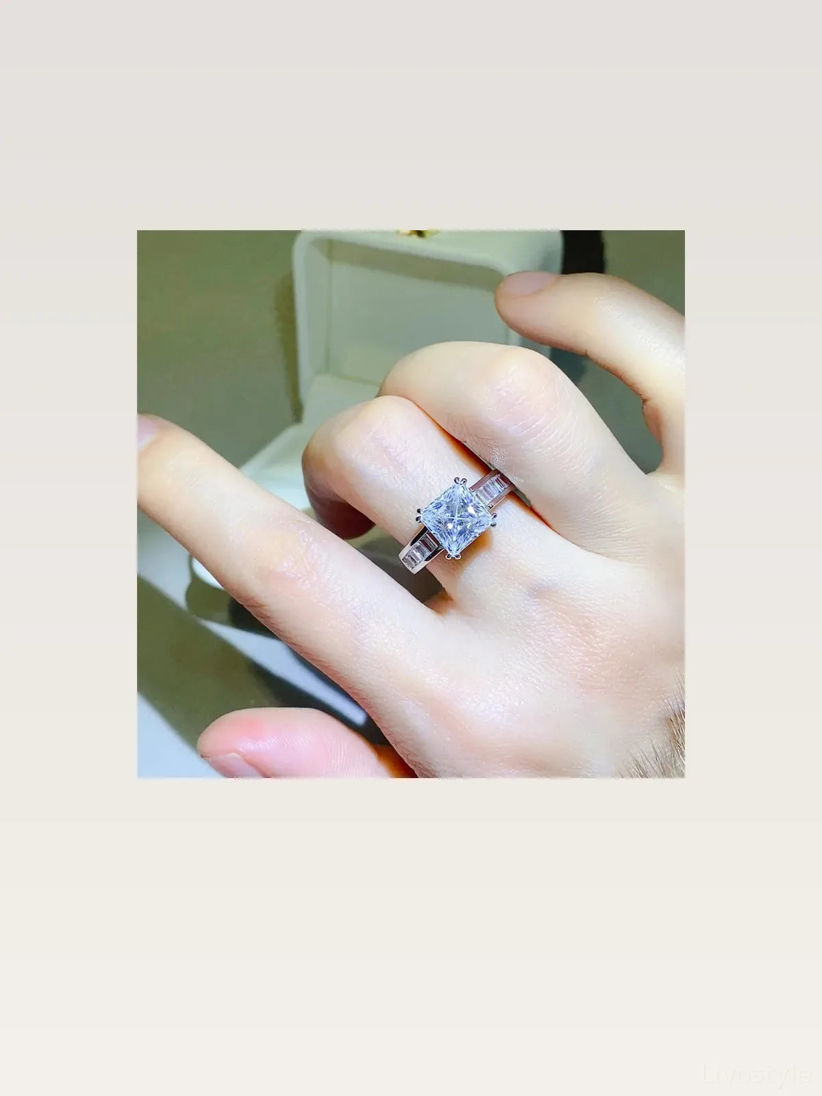 3 Carat Moissanite 925 Sterling Silver Square Ring — White P — styled showcase — Livostyle