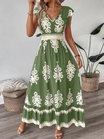 Ruffled Printed V-Neck Maxi Dress in Moss
