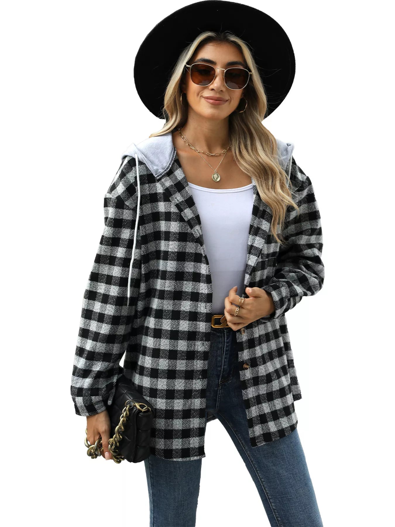 Plaid Button Up Long Sleeve Drawstring Hooded Jacket closeup — Livostyle