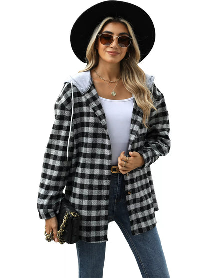 Plaid Button Up Long Sleeve Drawstring Hooded Jacket closeup — Livostyle