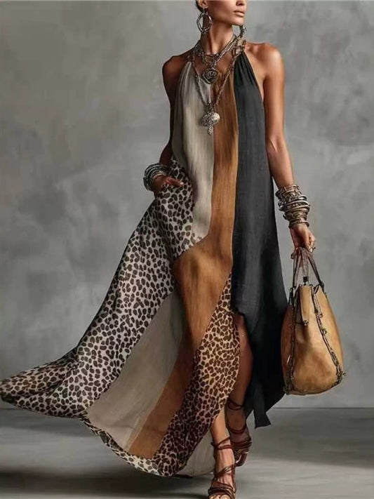 Color-Block Leopard Print Sleeveless Maxi Dress with Slit in Multicolor