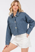 Button Down Cropped Denim Jacket with Patch Pockets in French Blue — Livostyle