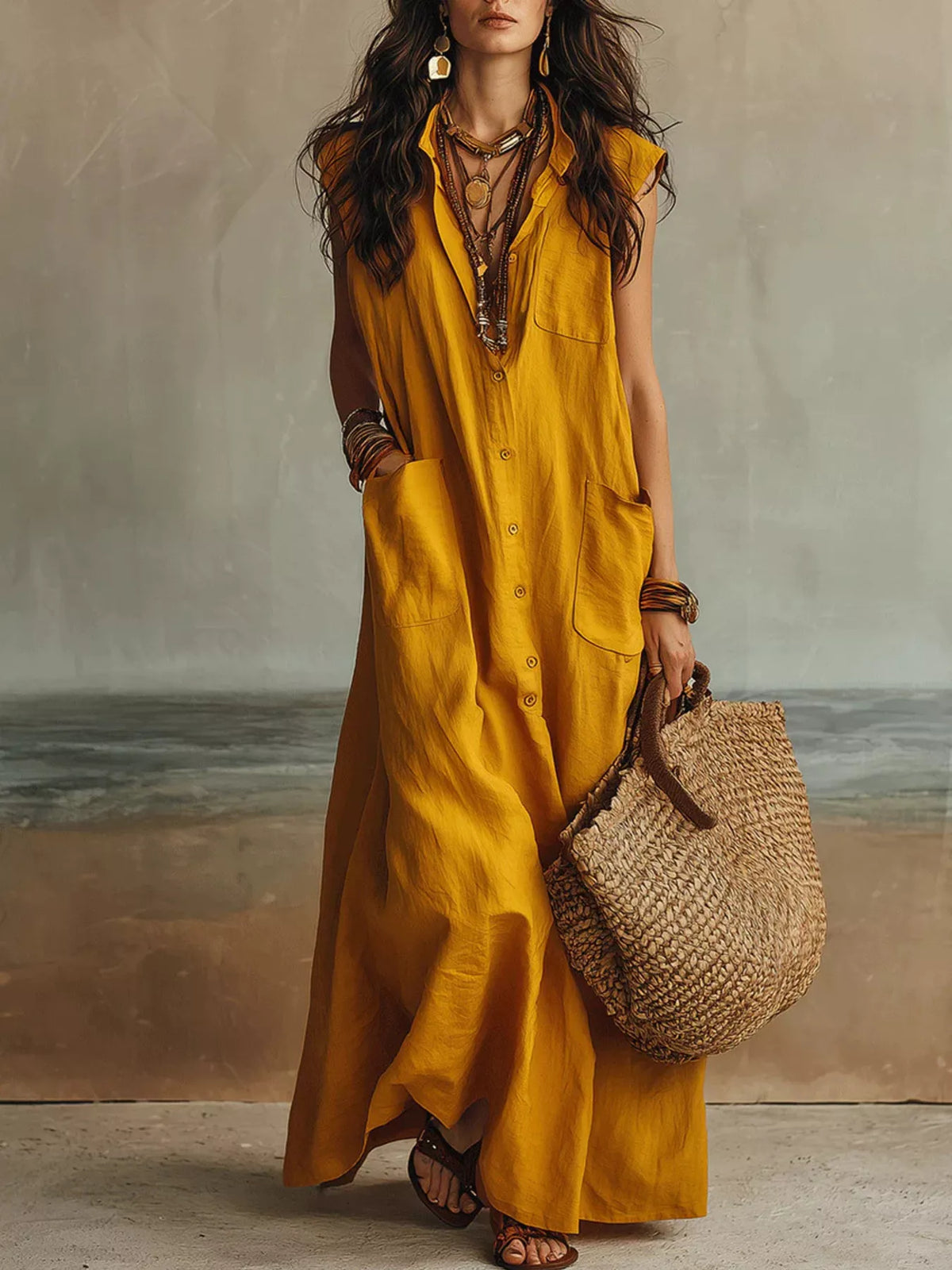 Sleeveless Button-Down Maxi Dress with Pockets