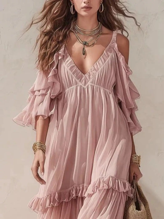Cold-Shoulder Ruffled Tiered Maxi Dress