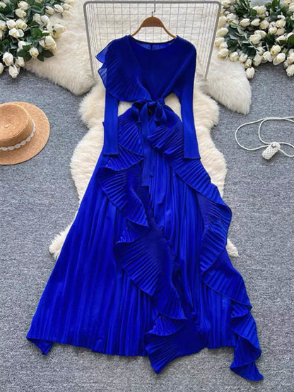 Ruffle Trim Pleated Midi Dress with Tie Detail in Royal Blue