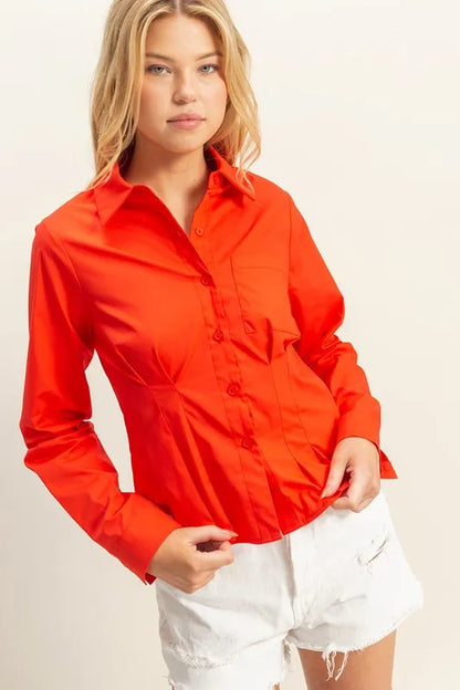 Elegant Long Sleeve Poplin Shirt with Pleated Waist — Livostyle