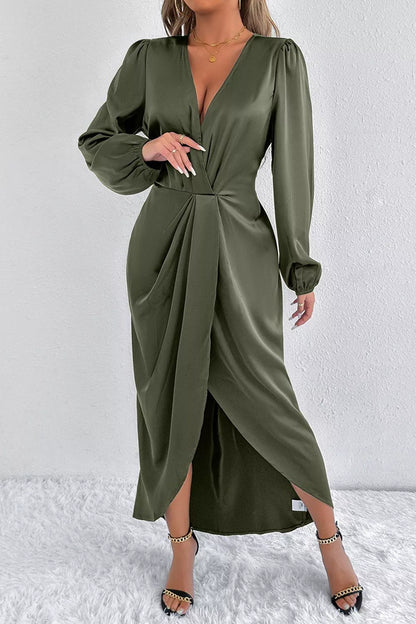 Satin Balloon Sleeve Midi Dress with Slit in Moss