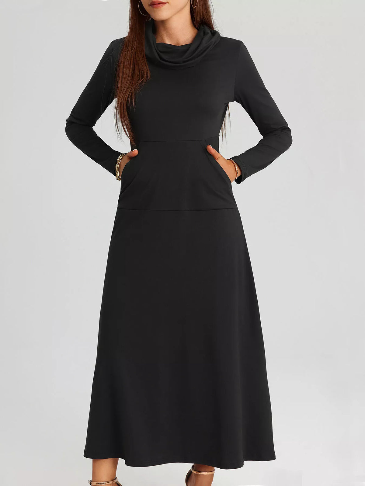 Cowl Neck Long Sleeve Midi Dress with Pockets – photo 6