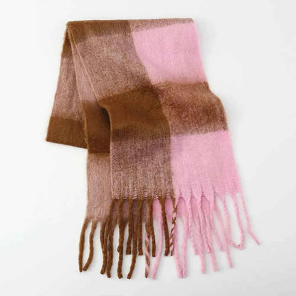 Fringe Contrast Plaid Polyester Scarf — Livostyle
