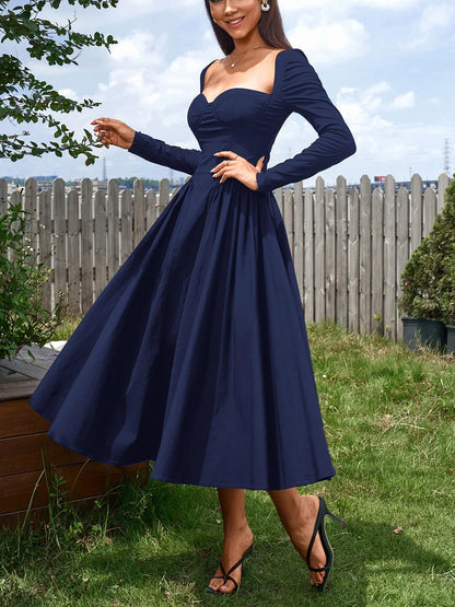 Sweetheart Neckline Long Sleeve A-Line Midi Dress – photo 12