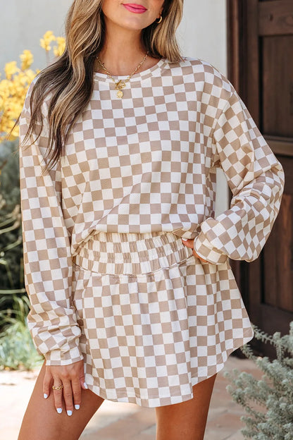 Checkered Long Sleeve Top and Skirt Two-Piece Set detail — Livostyle
